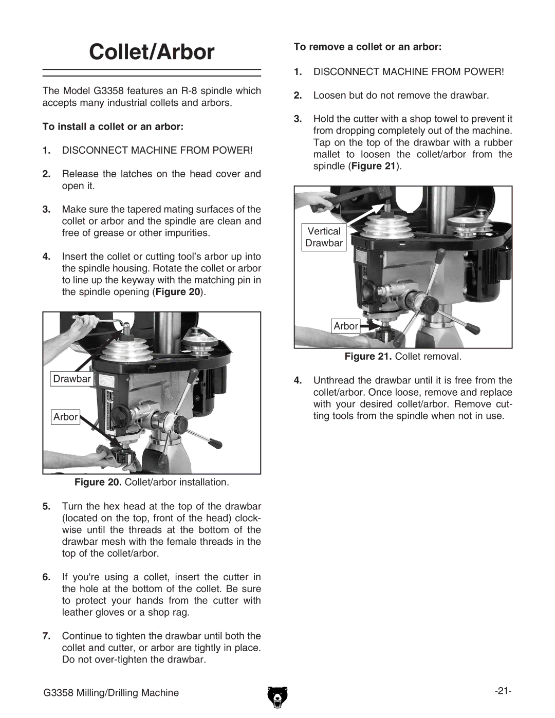 Grizzly G3358 owner manual Collet/Arbor, To install a collet or an arbor, To remove a collet or an arbor 