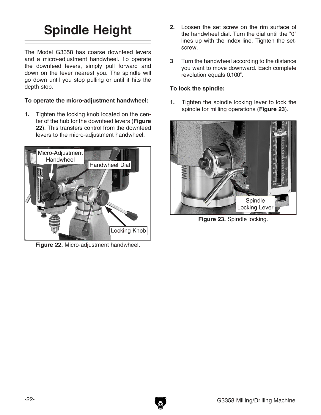 Grizzly G3358 owner manual Spindle Height, To operate the micro-adjustment handwheel, To lock the spindle 