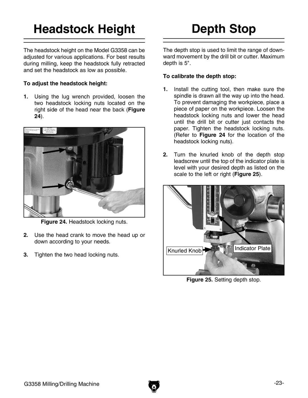 Grizzly G3358 owner manual Depth Stop, To calibrate the depth stop 