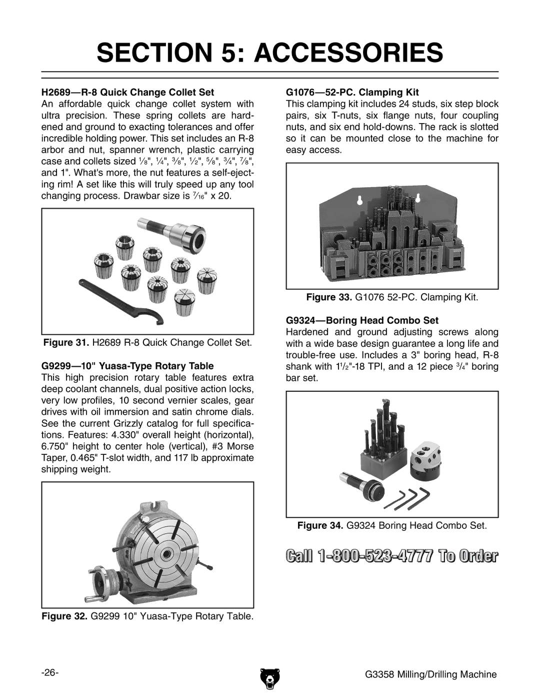 Grizzly G3358 Accessories, H2689-R-8 Quick Change Collet Set, G9299-10 Yuasa-Type Rotary Table, G1076-52-PC. Clamping Kit 