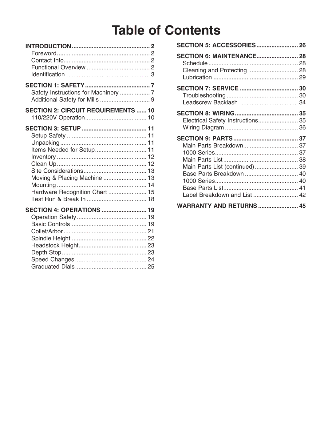 Grizzly G3358 owner manual Table of Contents 