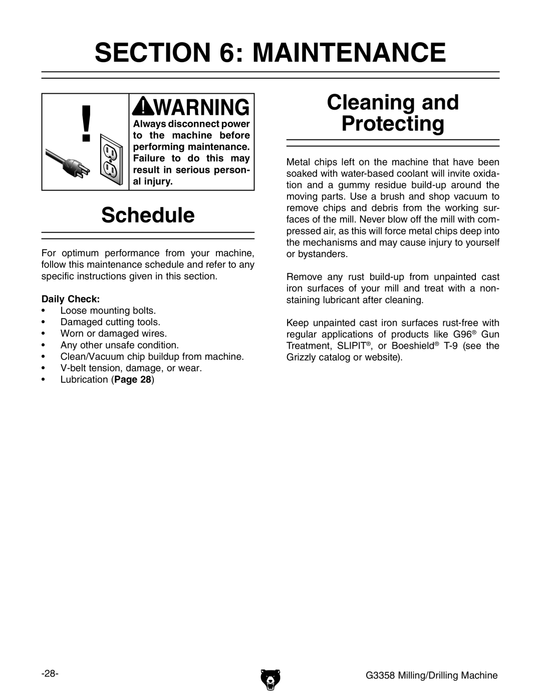 Grizzly G3358 owner manual Maintenance, Schedule, Cleaning Protecting, Daily Check 