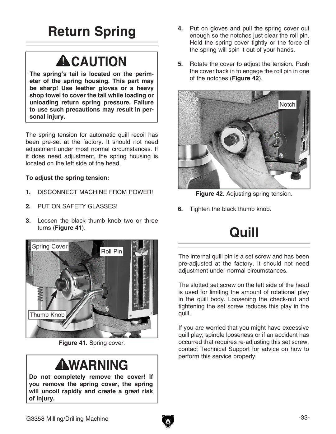 Grizzly G3358 owner manual Return Spring, Quill, To adjust the spring tension 