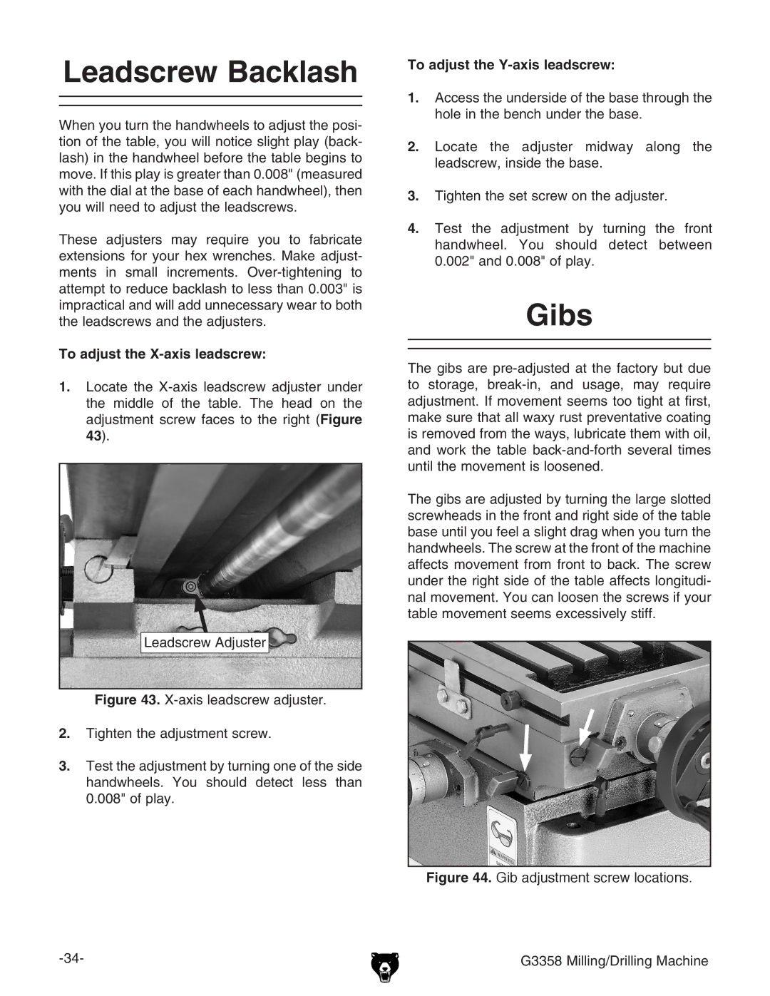 Grizzly G3358 owner manual Gibs, To adjust the Y-axis leadscrew 