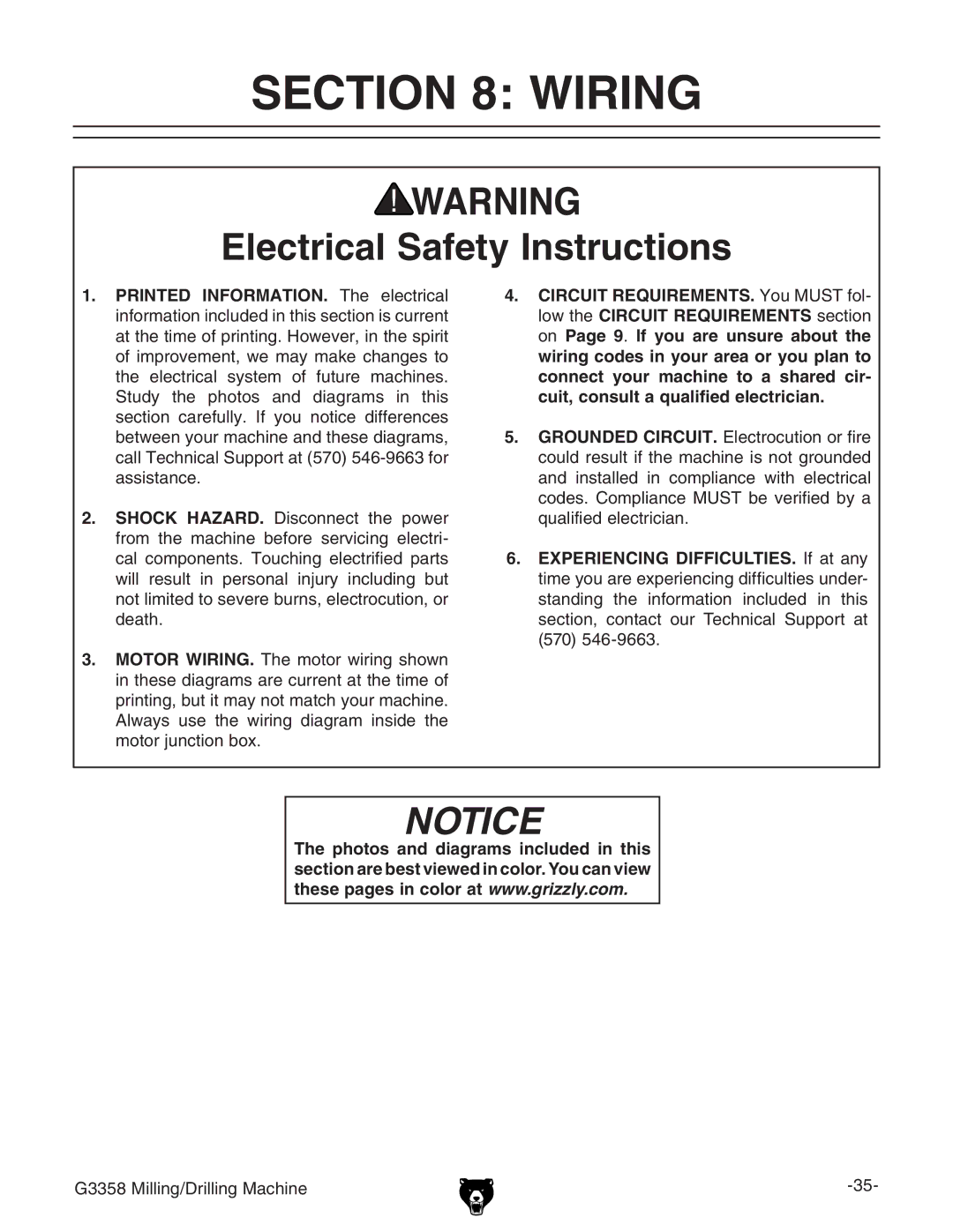 Grizzly G3358 owner manual Wiring, Electrical Safety Instructions 