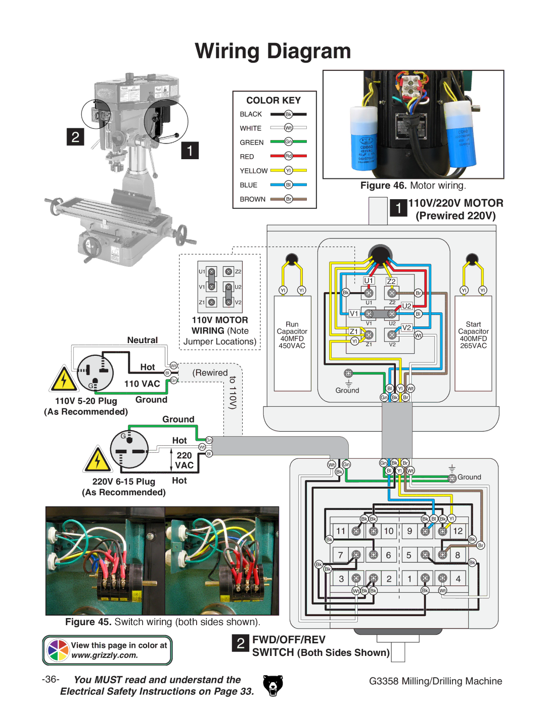 Grizzly G3358 owner manual Wiring Diagram, Switch Both Sides Shown 