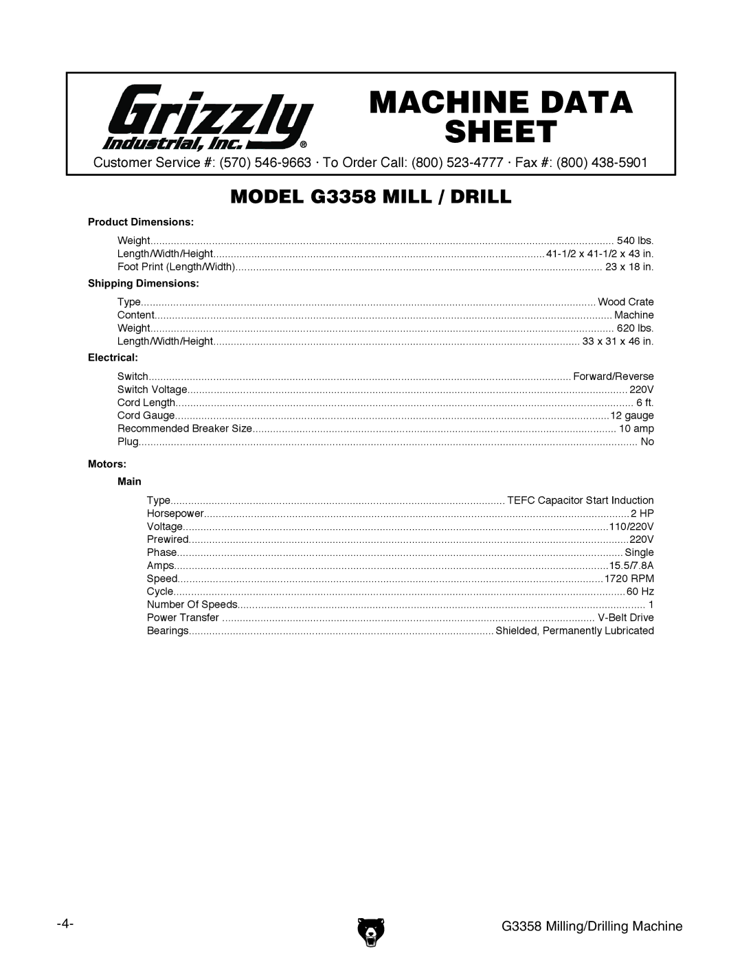 Grizzly G3358 owner manual Machine Data Sheet 