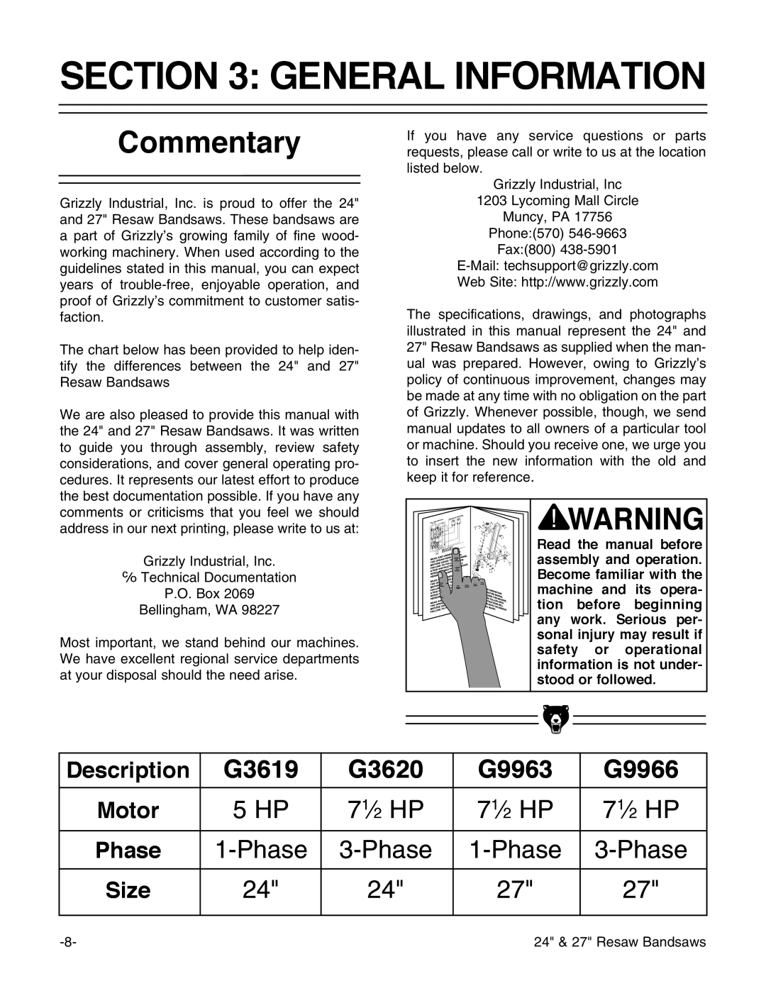 Grizzly G3619 instruction manual General Information, Commentary 