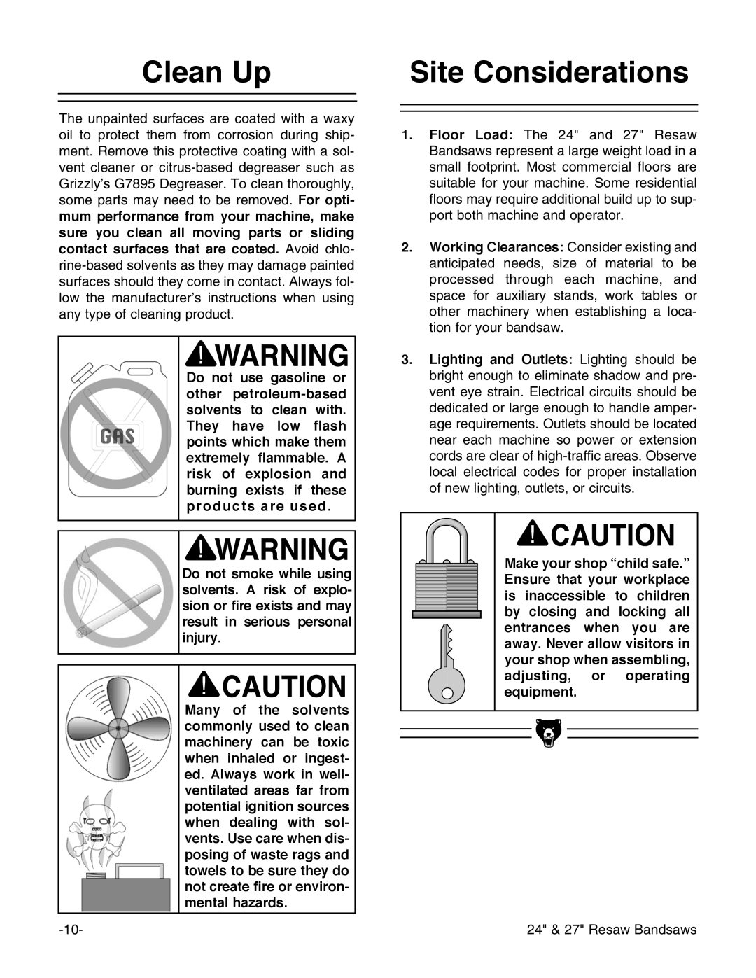 Grizzly G3619 instruction manual Clean Up, Site Considerations 