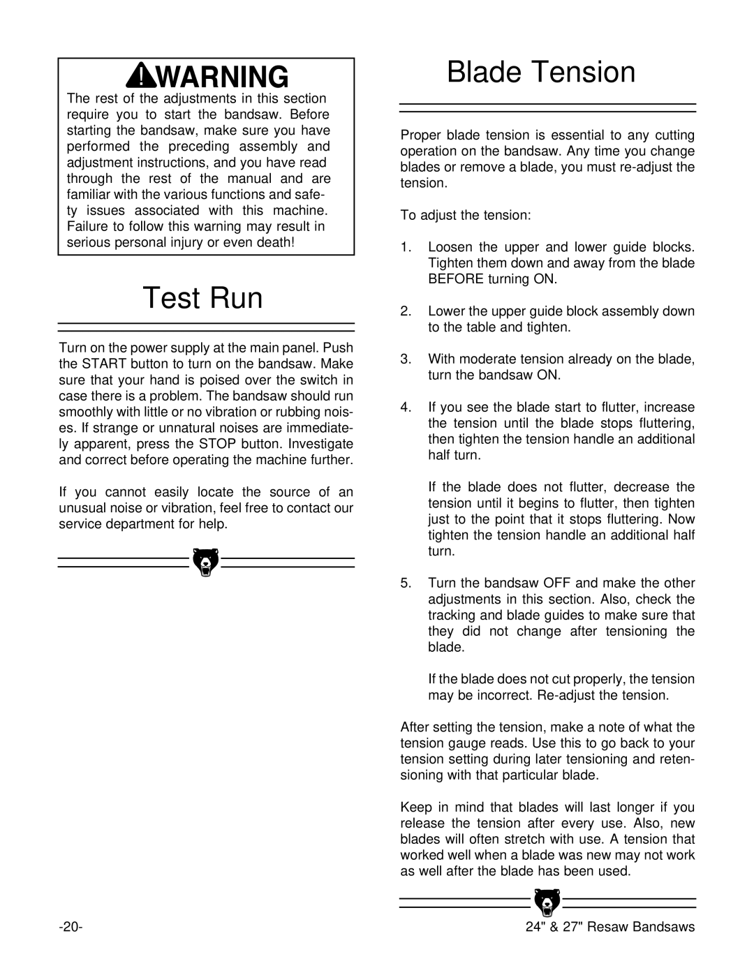 Grizzly G3619 instruction manual Test Run, Blade Tension, To adjust the tension 