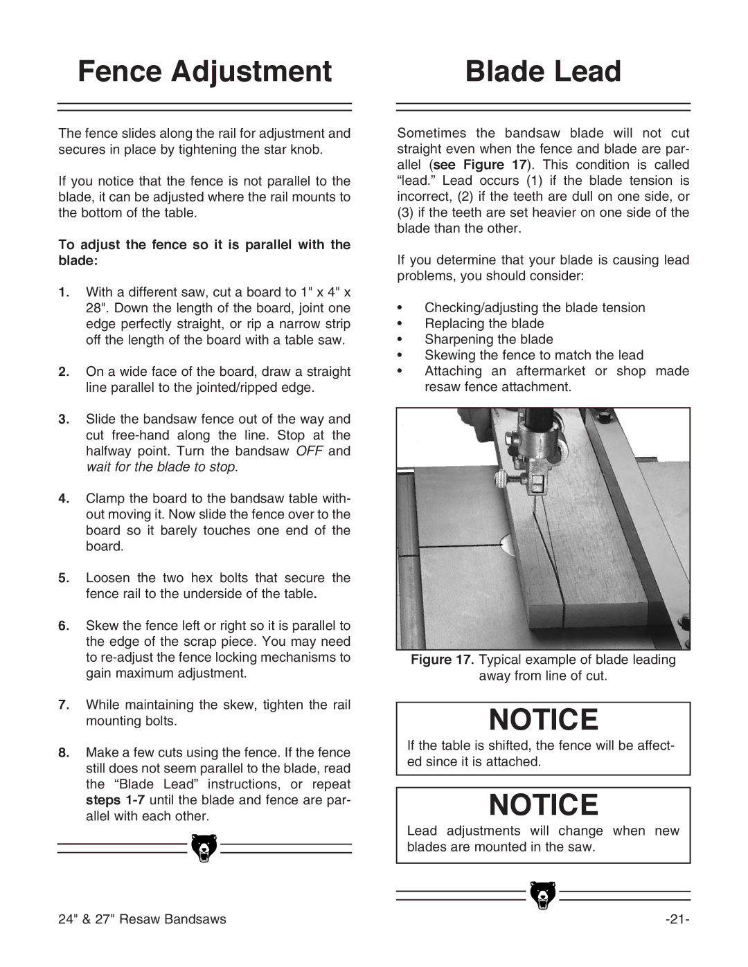 Grizzly G3619 instruction manual Fence Adjustment Blade Lead, To adjust the fence so it is parallel with the blade 