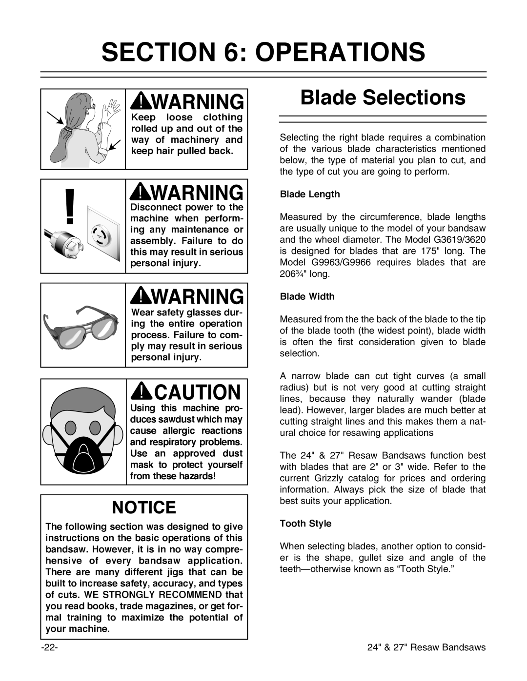 Grizzly G3619 instruction manual Operations, Blade Selections, Blade Length, Blade Width, Tooth Style 