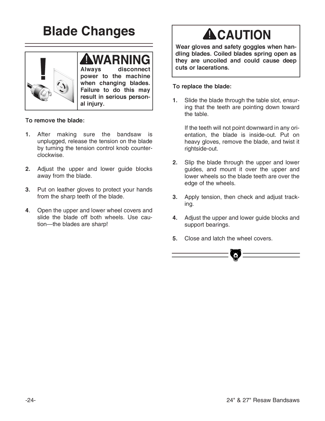 Grizzly G3619 instruction manual Blade Changes 