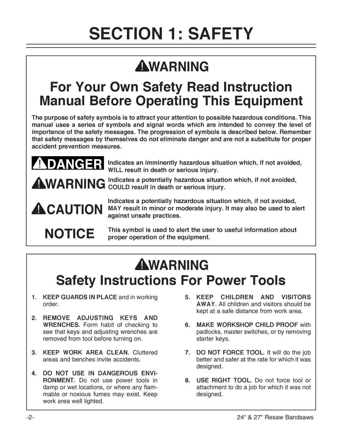 Grizzly G3619 instruction manual Safety Instructions For Power Tools 