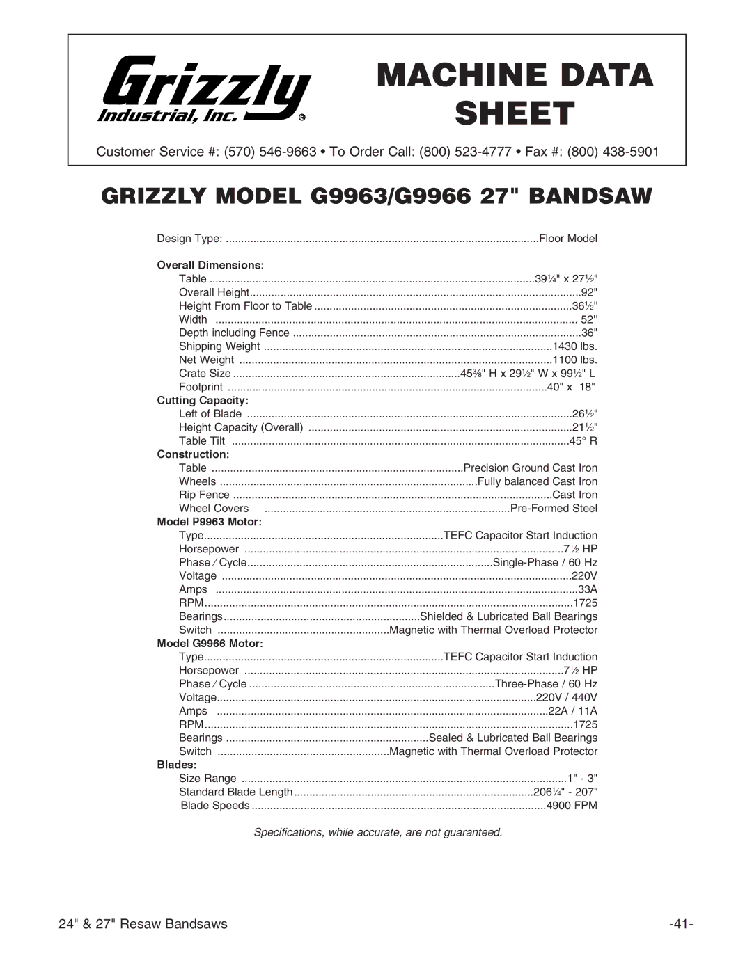 Grizzly G3619 instruction manual Grizzly Model G9963/G9966 27 Bandsaw 