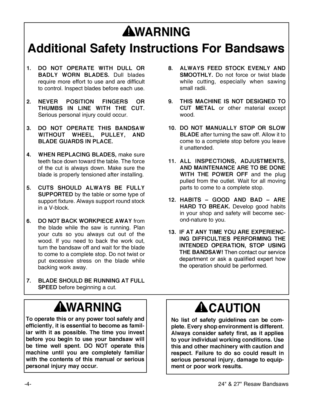 Grizzly G3619 instruction manual Additional Safety Instructions For Bandsaws 