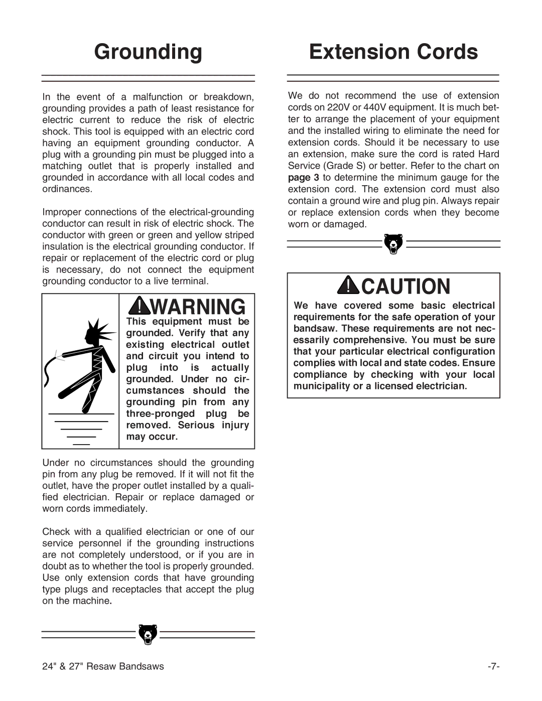 Grizzly G3619 instruction manual Grounding Extension Cords 