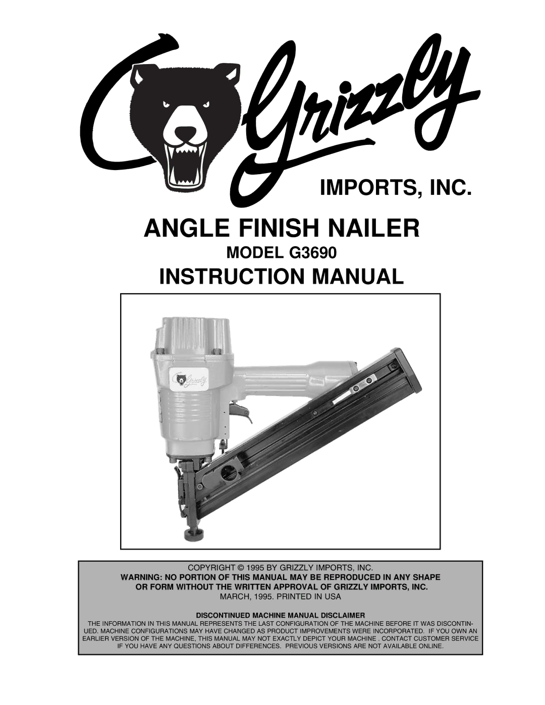 Grizzly instruction manual Angle Finish Nailer, Model G3690 