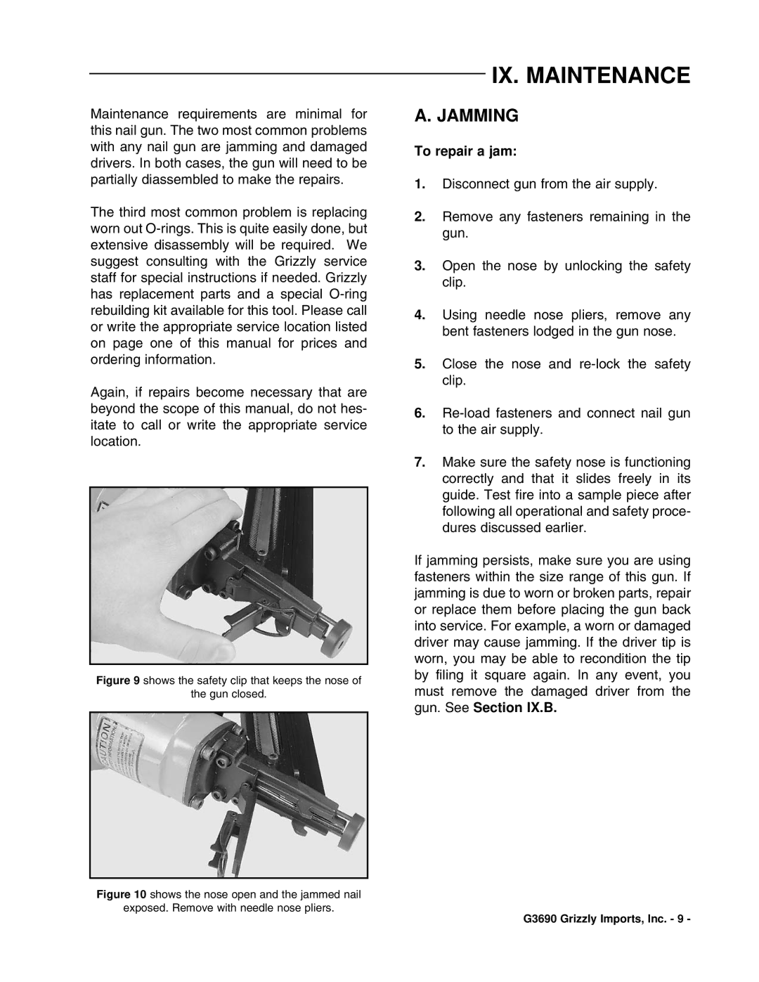 Grizzly G3690 instruction manual IX. Maintenance, Jamming, To repair a jam 