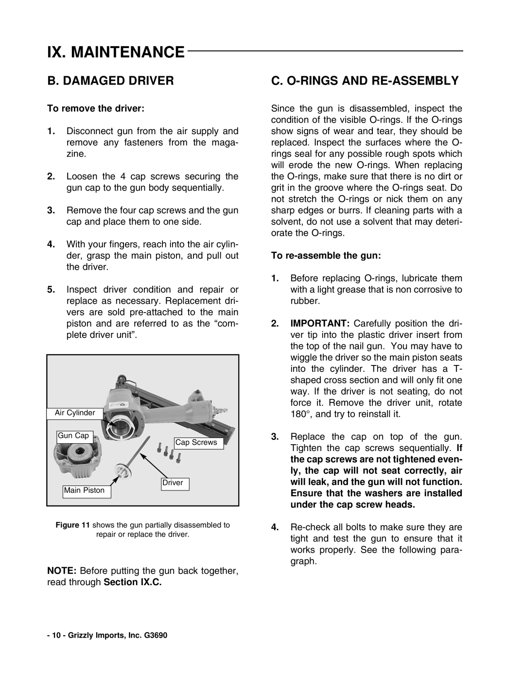 Grizzly G3690 instruction manual Damaged Driver, Rings and RE-ASSEMBLY, To remove the driver, To re-assemble the gun 