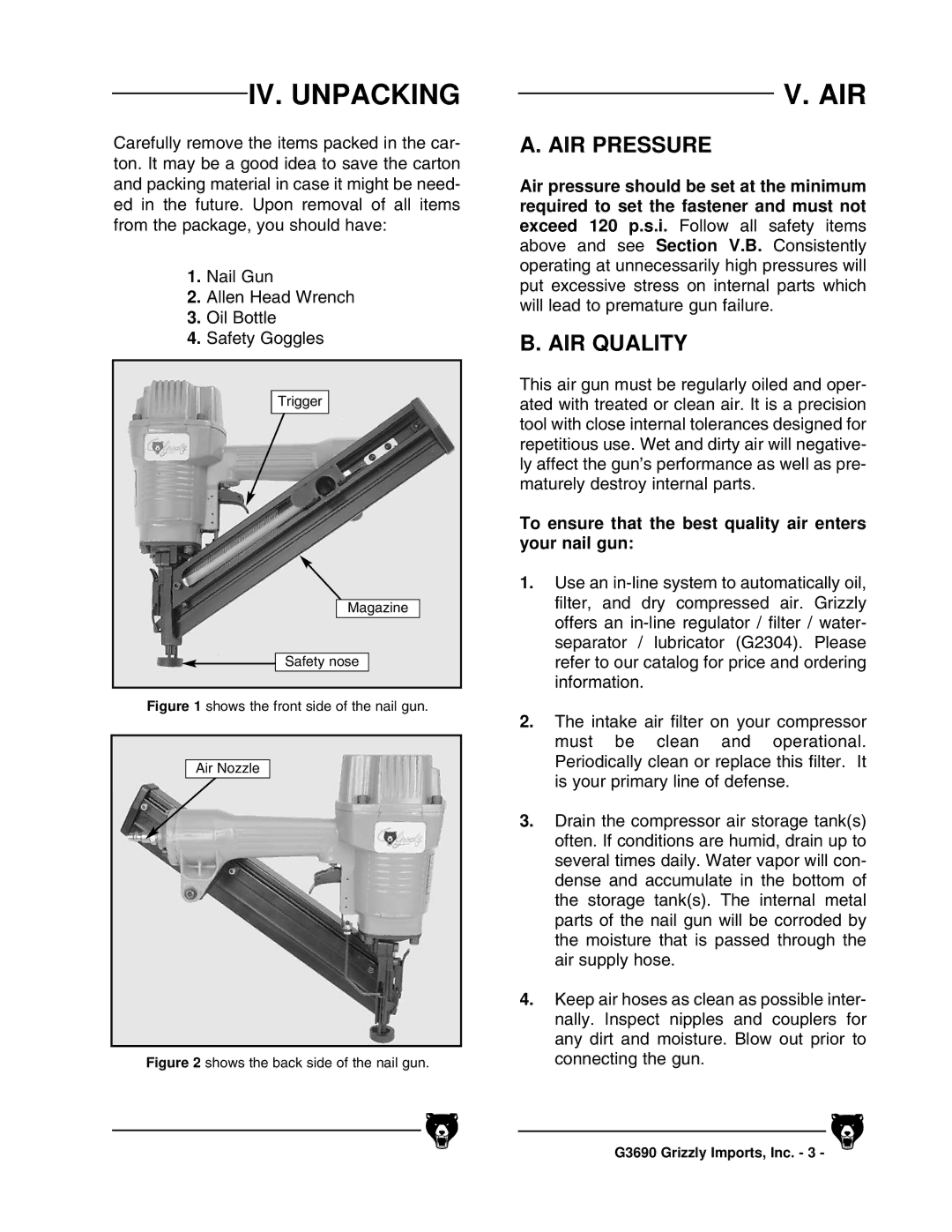 Grizzly G3690 IV. Unpacking, Air, AIR Pressure, AIR Quality, To ensure that the best quality air enters your nail gun 