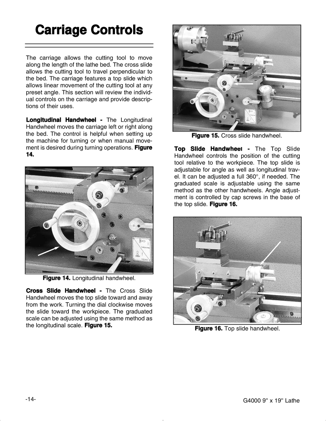 Grizzly G4000 manual Carriage Controls, Longitudinal handwheel 