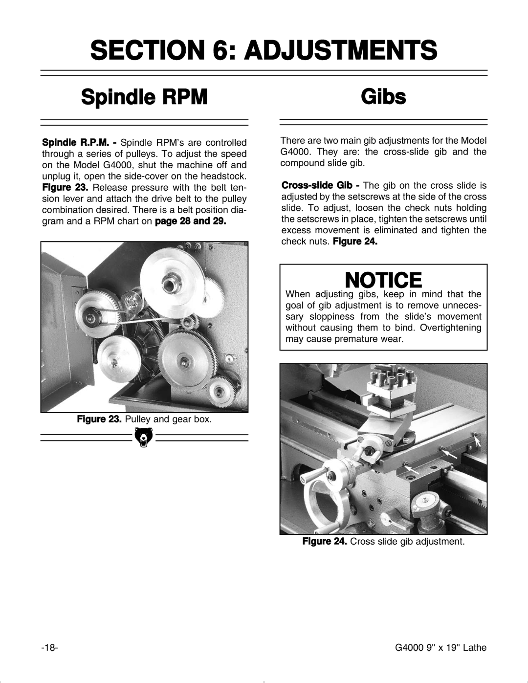 Grizzly G4000 manual Adjustments, Spindle RPM 