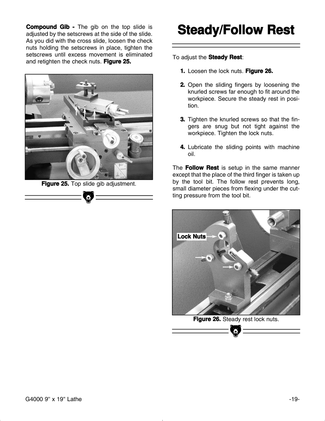 Grizzly G4000 manual Steady/Follow Rest, Top slide gib adjustment 