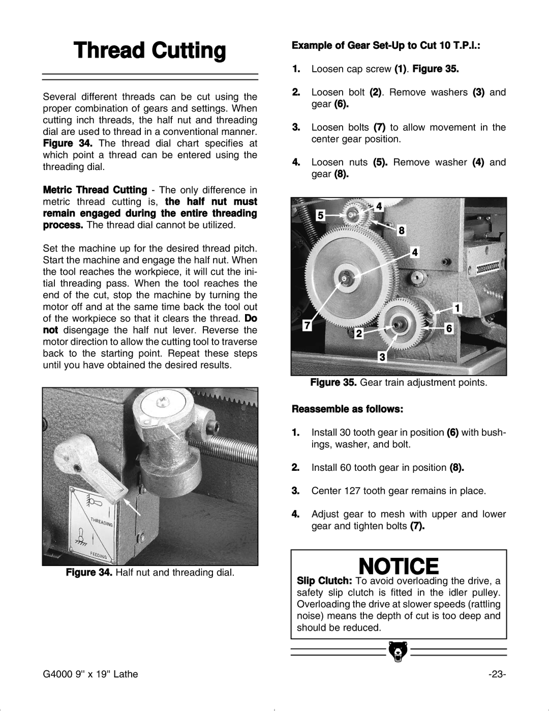 Grizzly G4000 manual Thread Cutting, Example of Gear Set-Up to Cut 10 T.P.l 