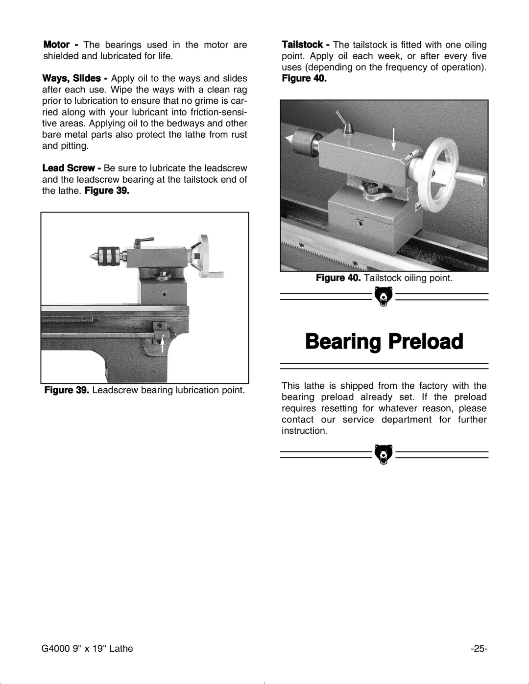 Grizzly G4000 manual Bearing Preload, Tailstock oiling point 