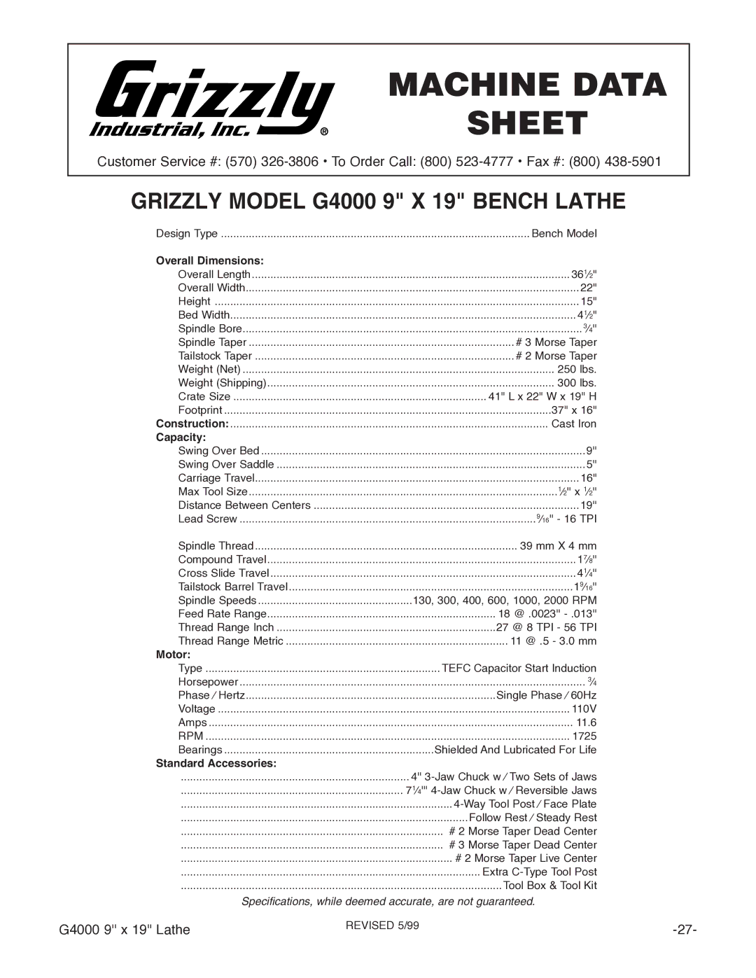 Grizzly G4000 manual Machine Data Sheet 