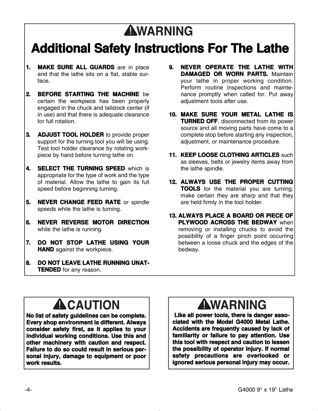 Grizzly G4000 manual Additional Safety Instructions For The Lathe 