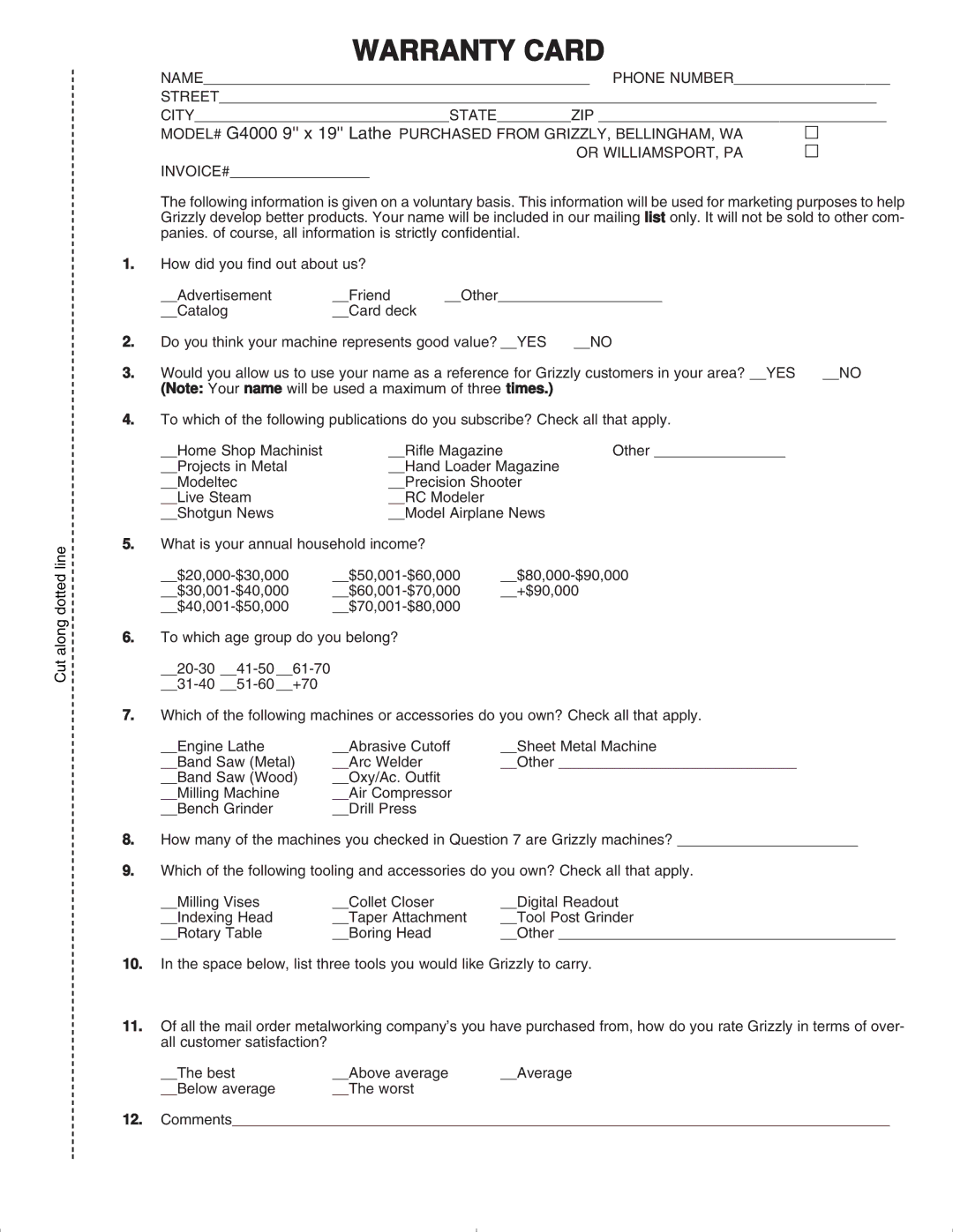 Grizzly G4000 manual Warranty Card 