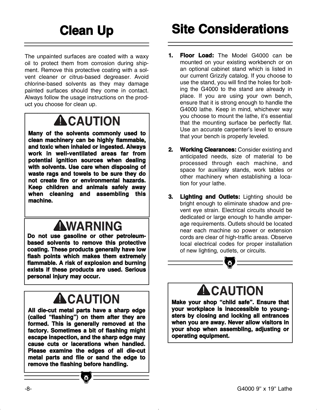 Grizzly G4000 manual Clean Up, Site Considerations 