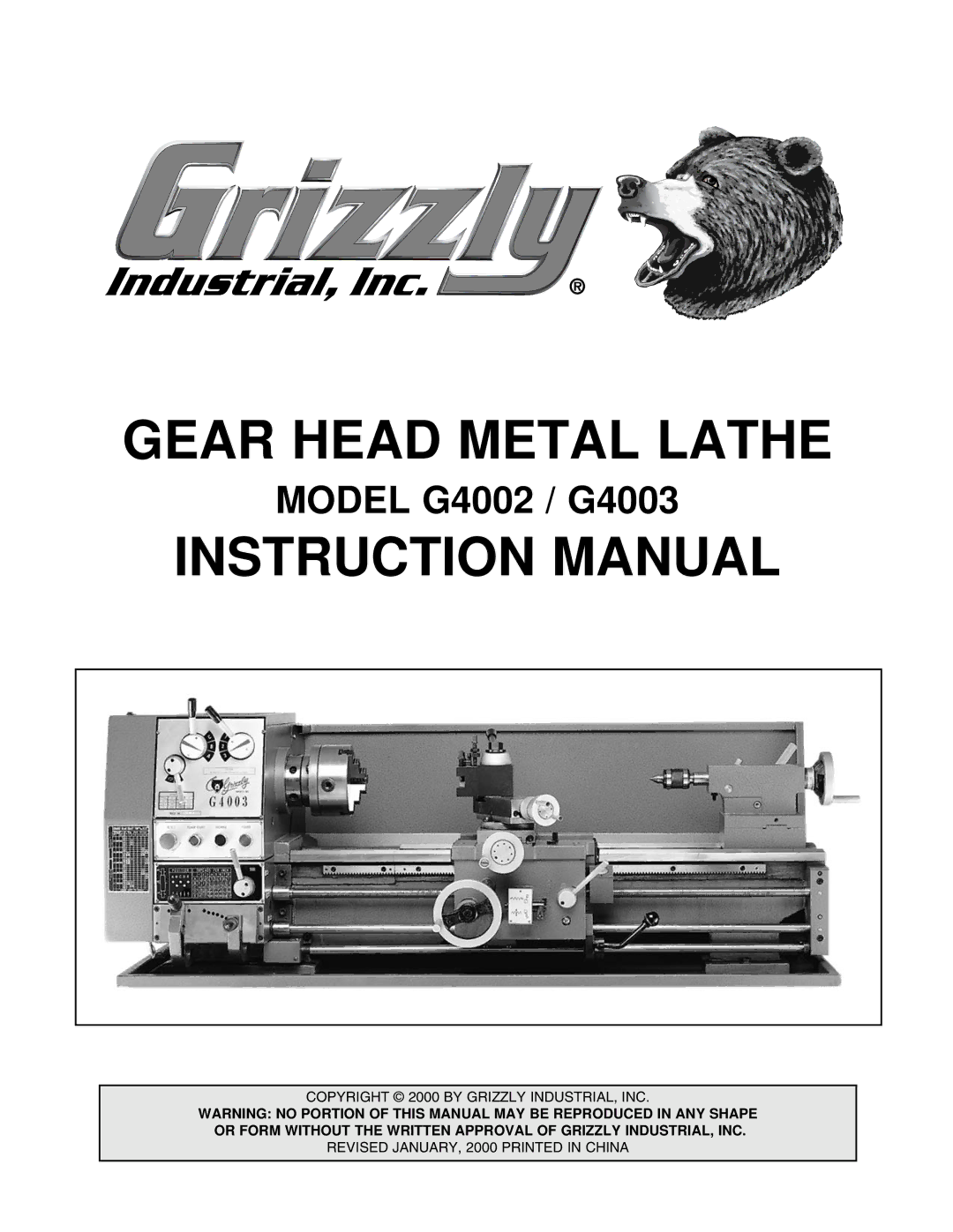 Grizzly instruction manual Gear Head Metal Lathe, Model G4002 / G4003 