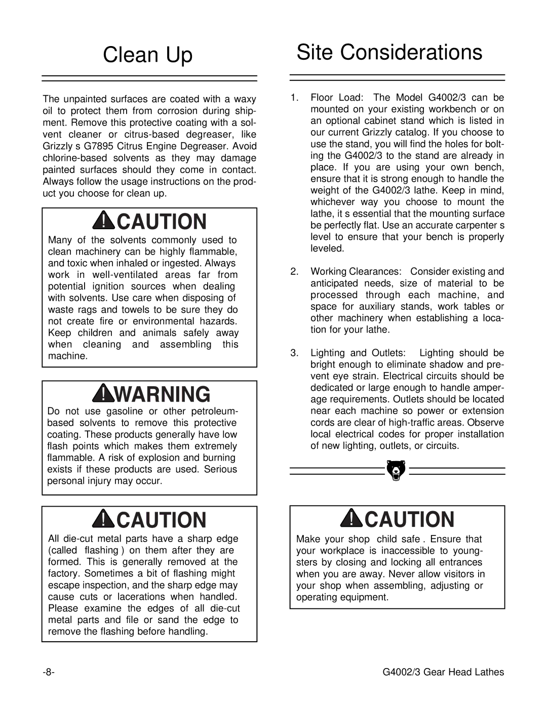 Grizzly G4002, G4003 instruction manual Clean Up Site Considerations 