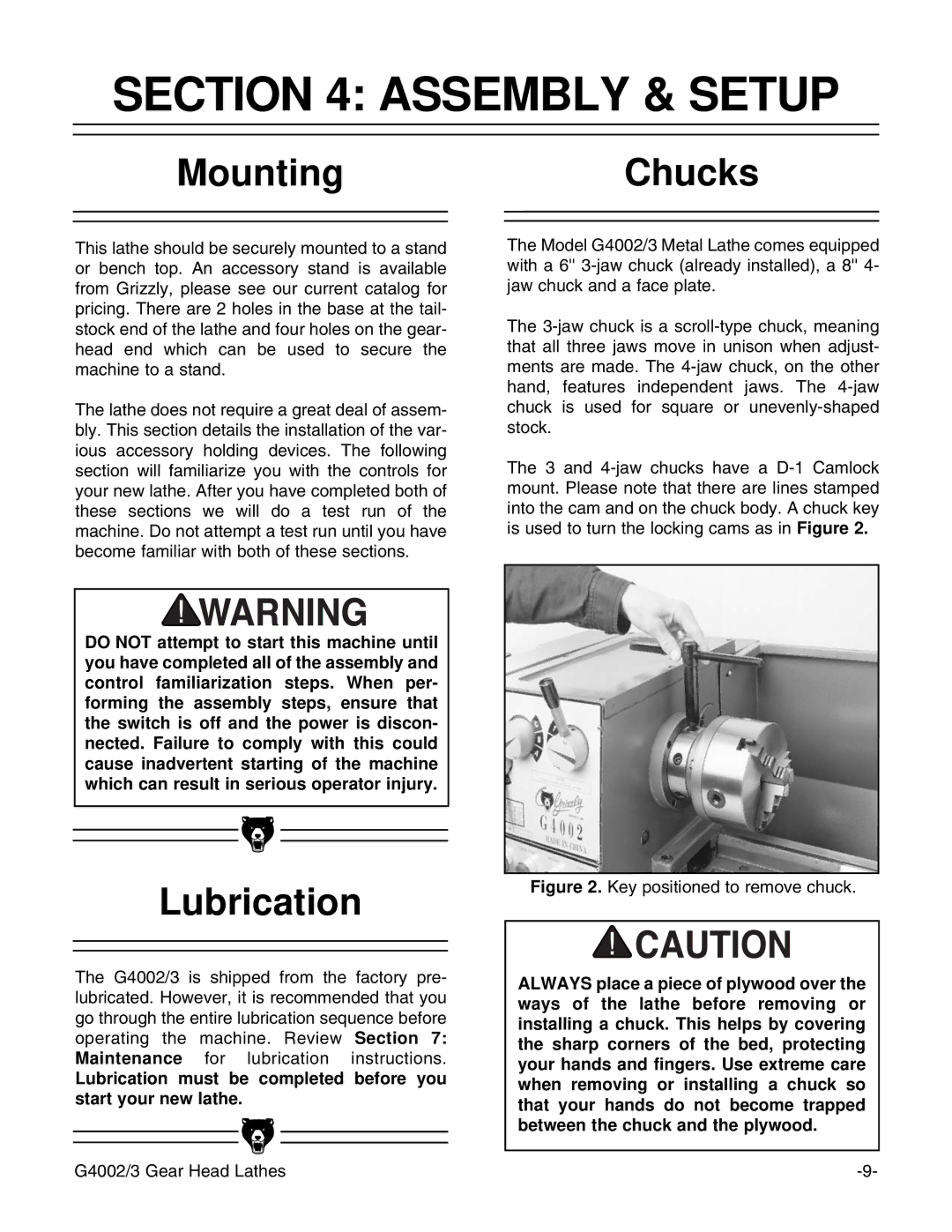 Grizzly G4003, G4002 instruction manual Assembly & Setup, MountingChucks, Lubrication 