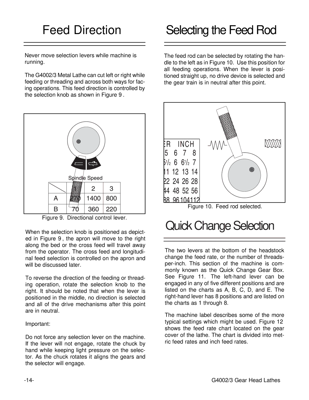 Grizzly G4002, G4003 instruction manual Feed Direction, Never move selection levers while machine is running 