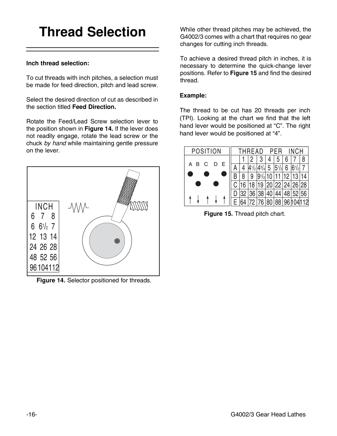 Grizzly G4002, G4003 instruction manual Thread Selection, Inch thread selection 