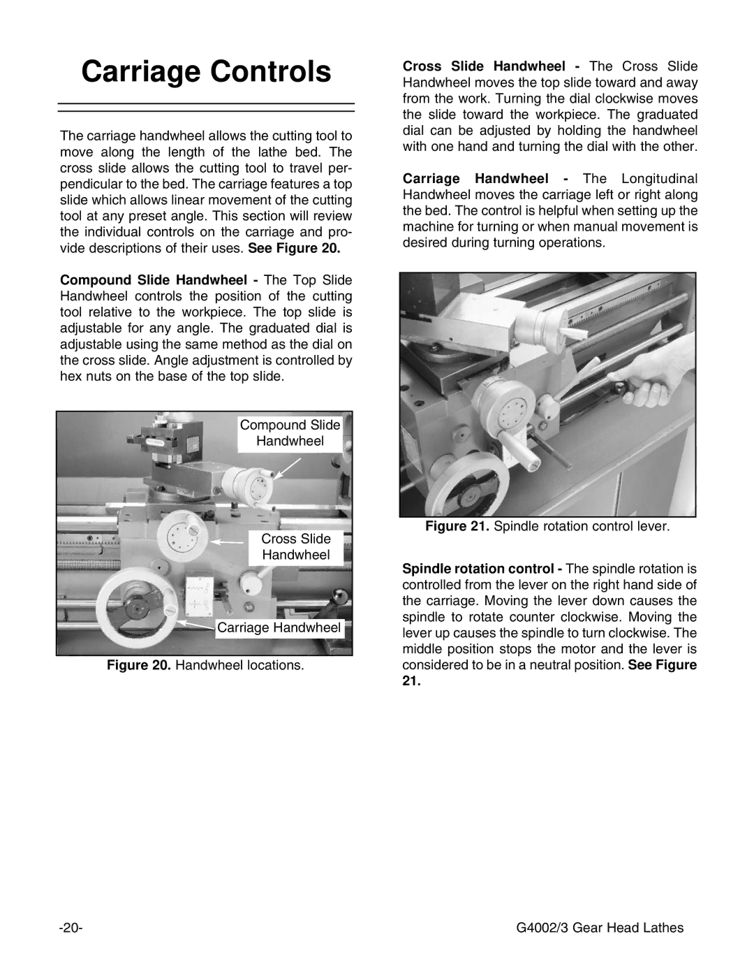 Grizzly G4002, G4003 instruction manual Carriage Controls 