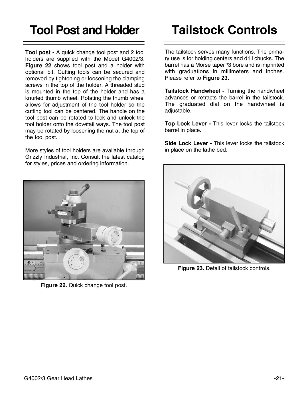 Grizzly G4003 Tool Post and Holder Tailstock Controls, Detail of tailstock controls G4002/3 Gear Head Lathes 