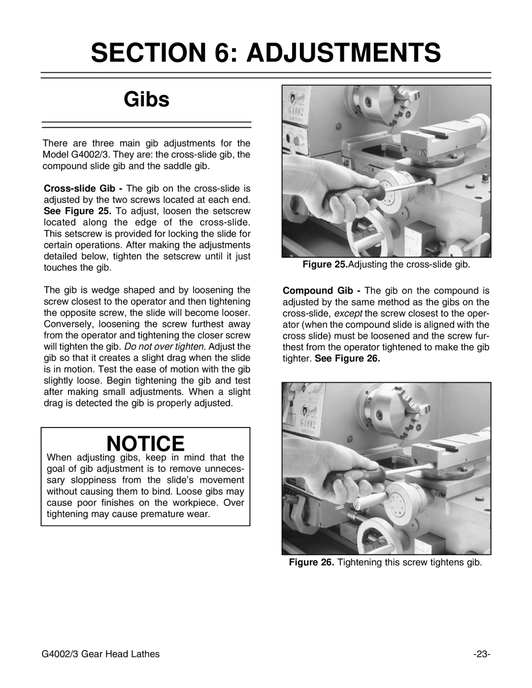 Grizzly G4003, G4002 instruction manual Adjustments, Gibs 