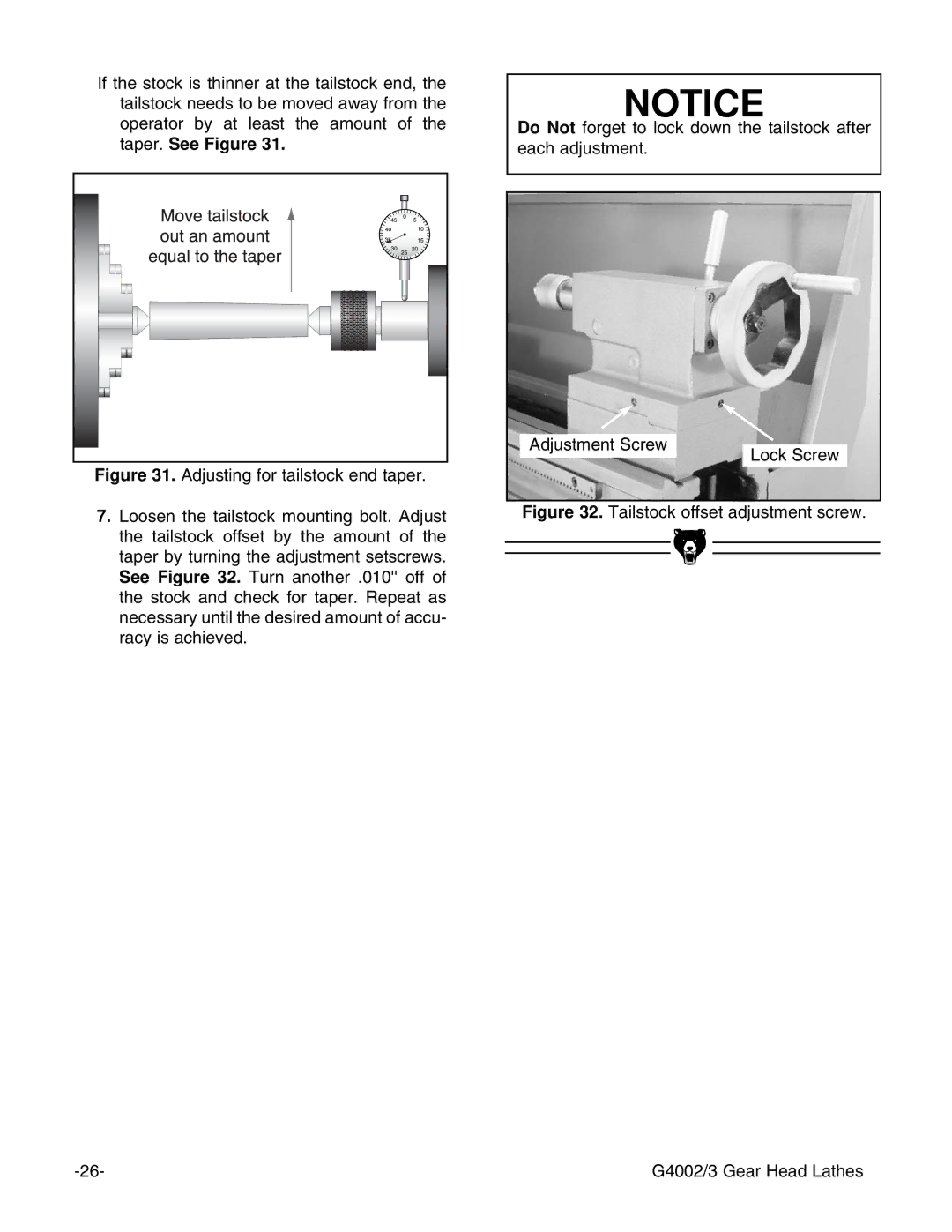 Grizzly G4003 instruction manual Tailstock offset adjustment screw G4002/3 Gear Head Lathes 