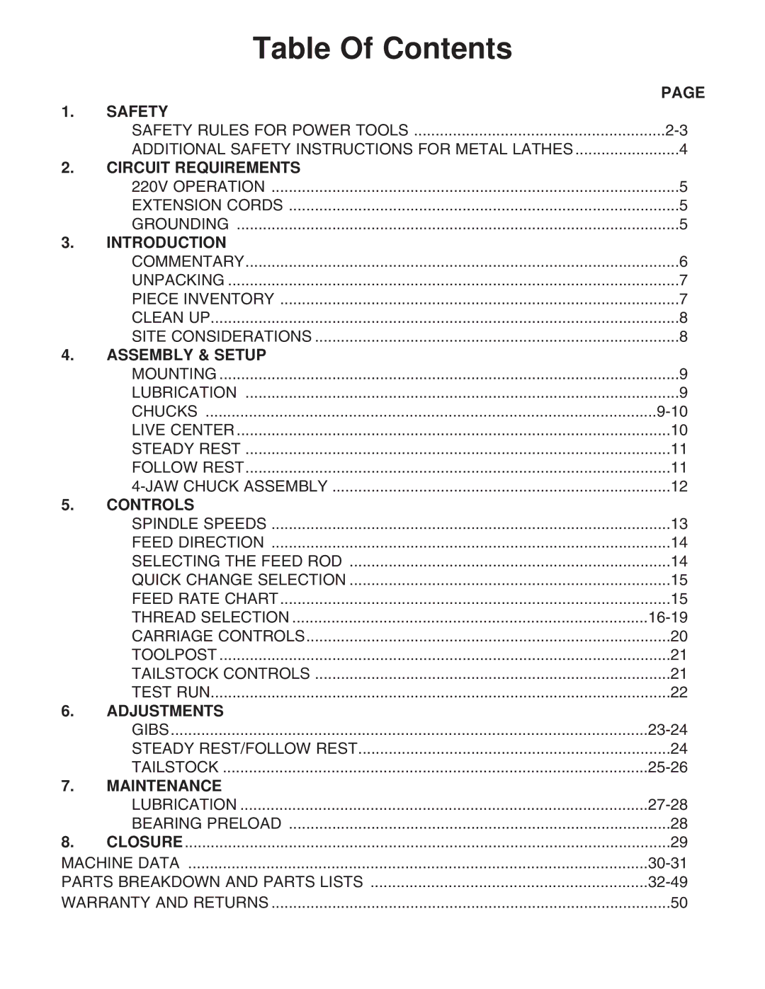 Grizzly G4003, G4002 instruction manual Table Of Contents 