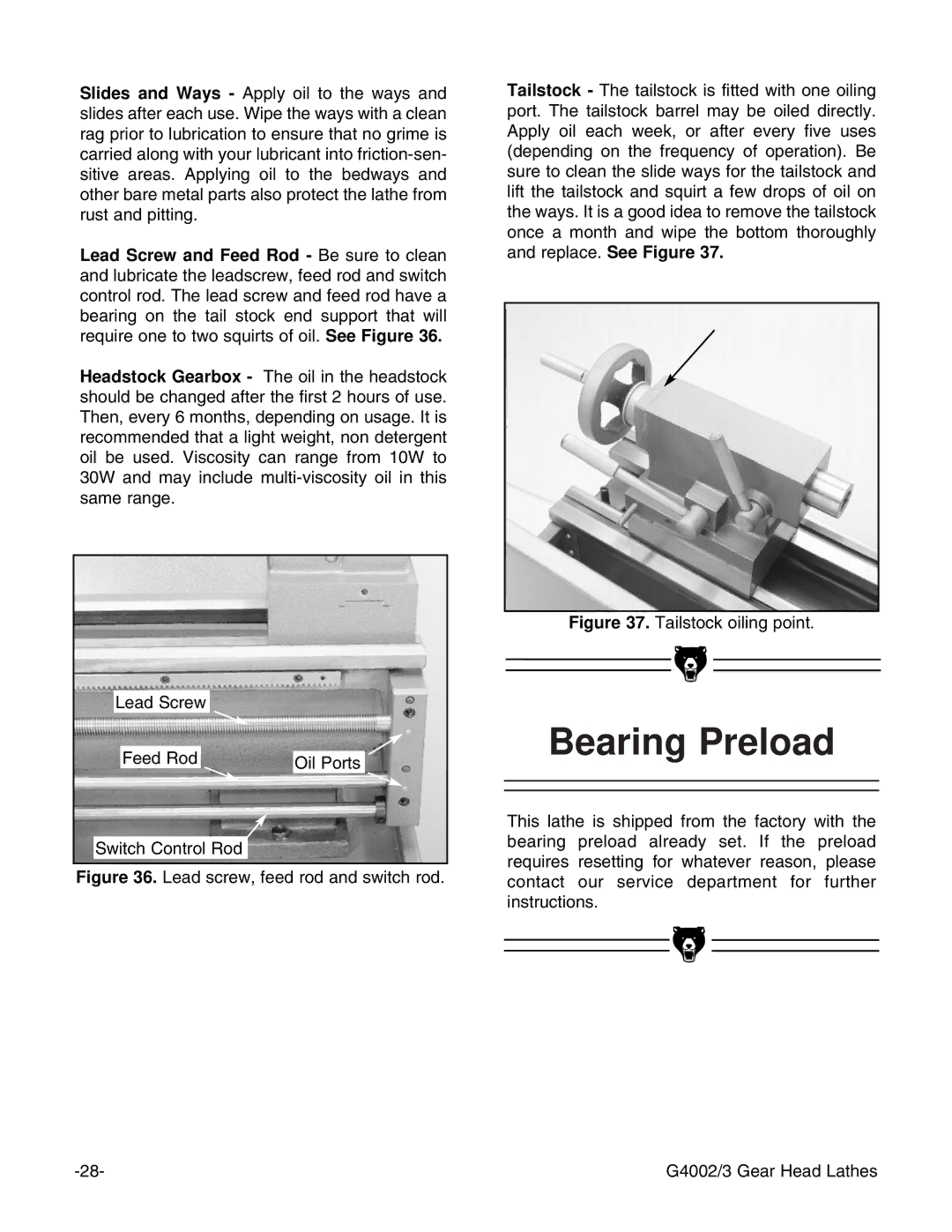 Grizzly G4002, G4003 instruction manual Bearing Preload 