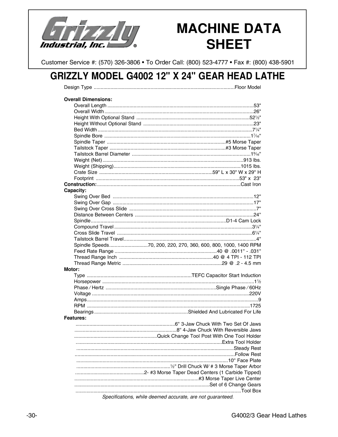 Grizzly G4002, G4003 instruction manual Machine Data 