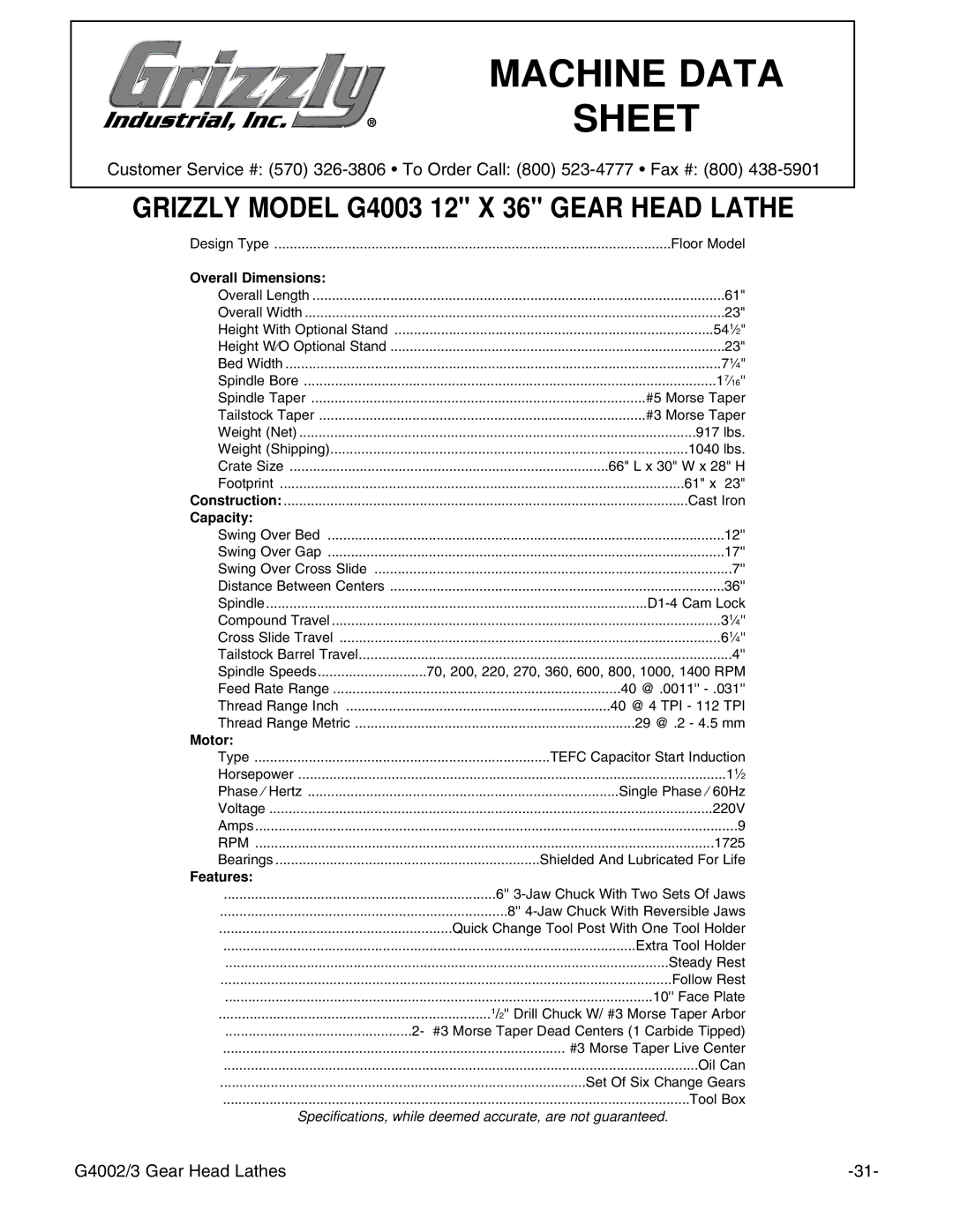 Grizzly G4002 instruction manual Grizzly Model G4003 12 X 36 Gear Head Lathe 