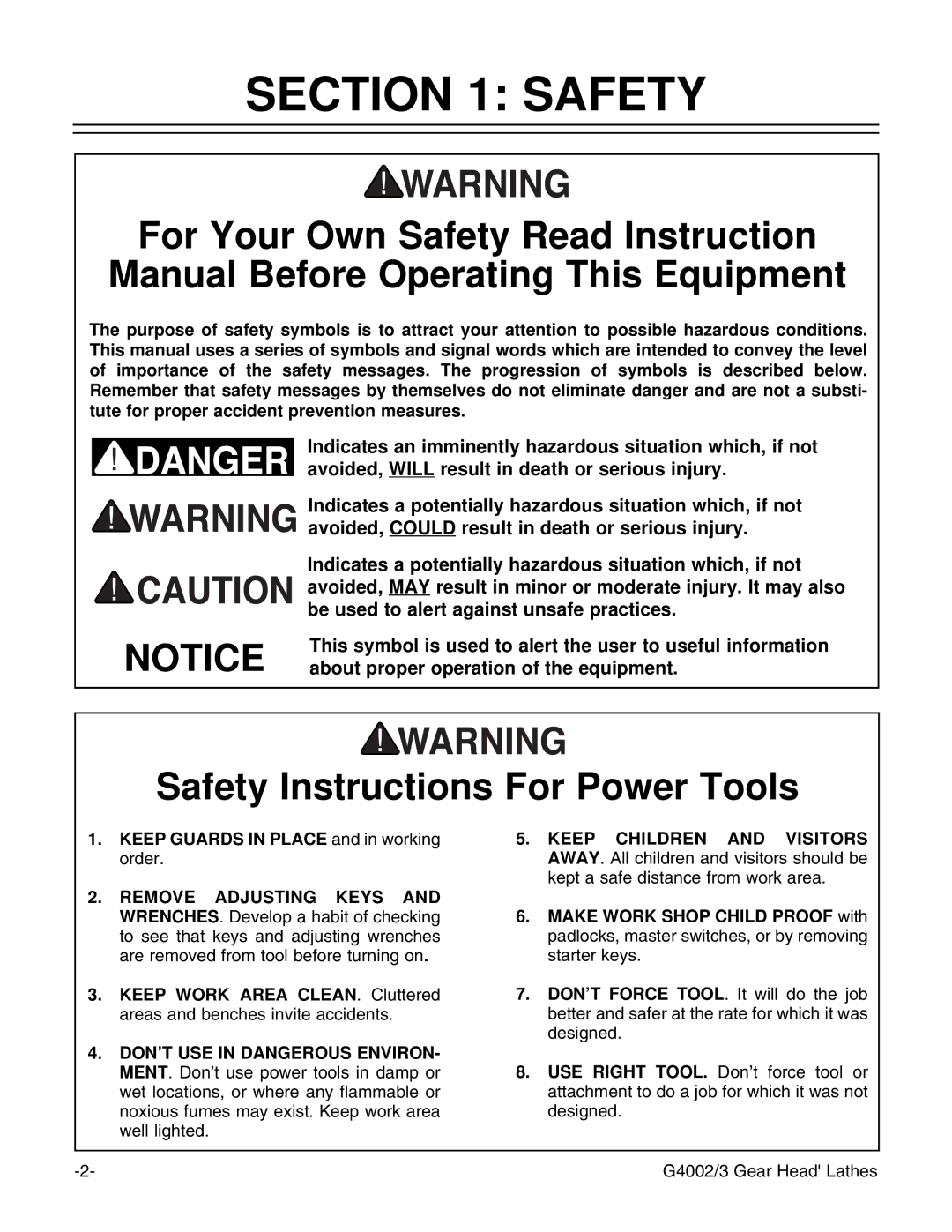 Grizzly G4002, G4003 instruction manual Safety Instructions For Power Tools 