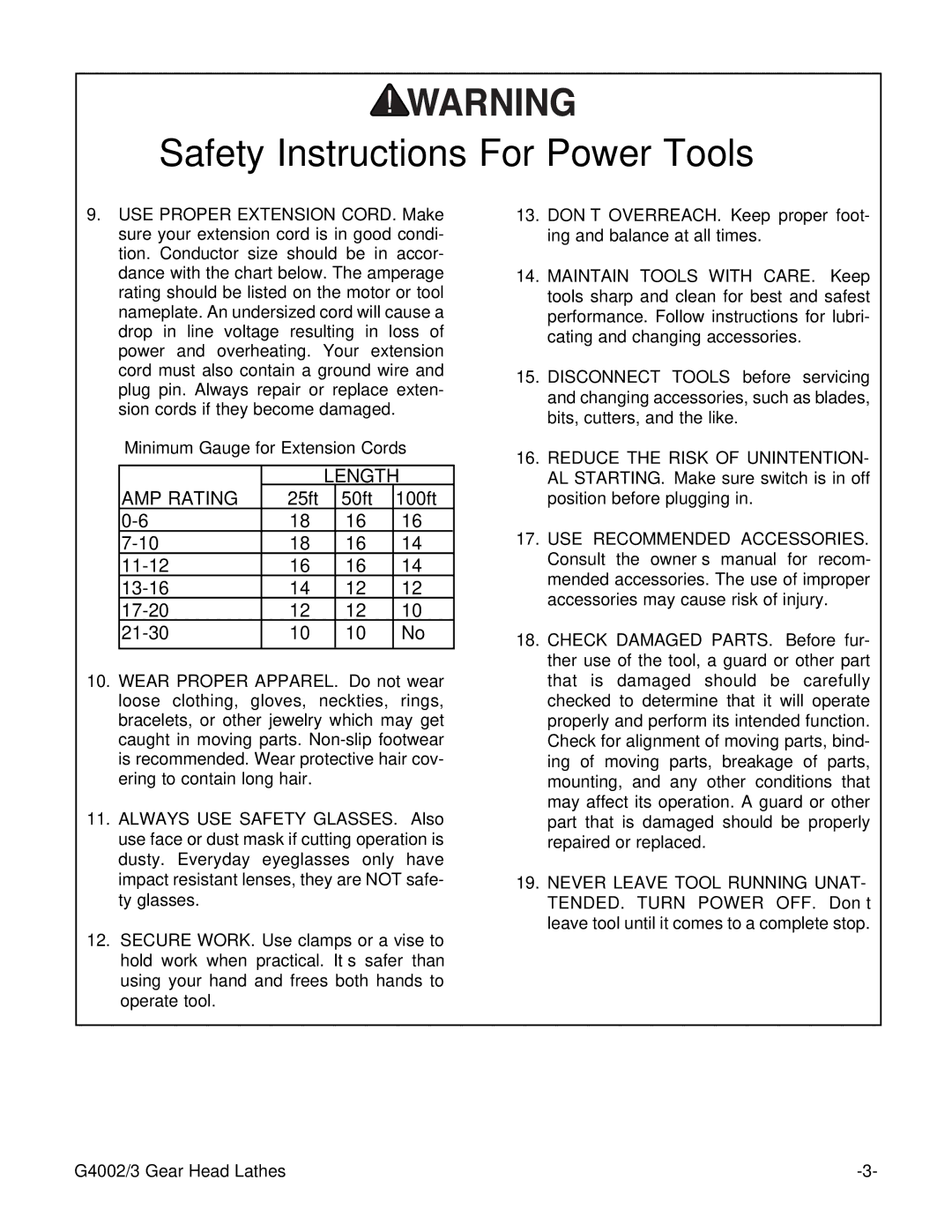 Grizzly G4003, G4002 instruction manual Length AMP Rating 