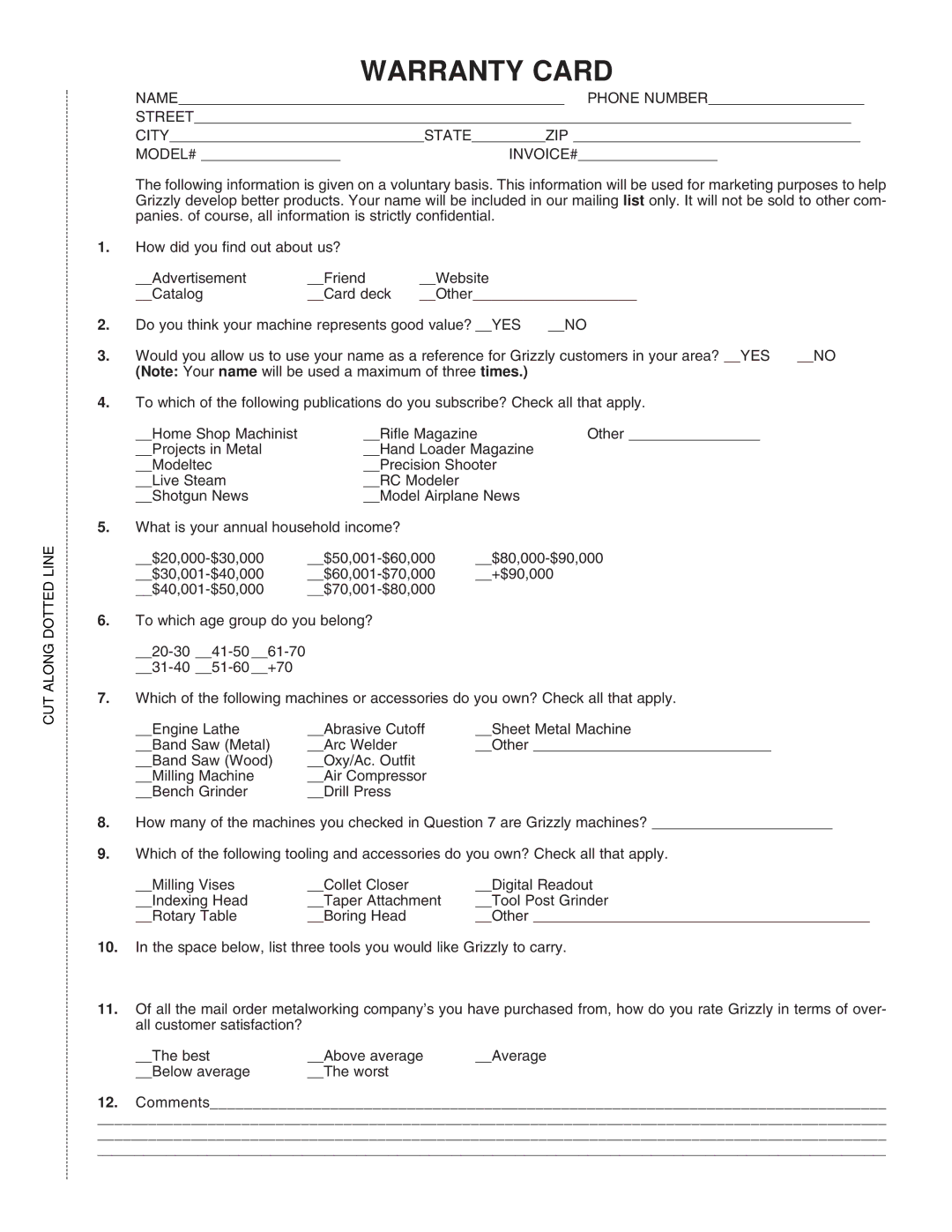 Grizzly G4003, G4002 instruction manual Warranty Card 